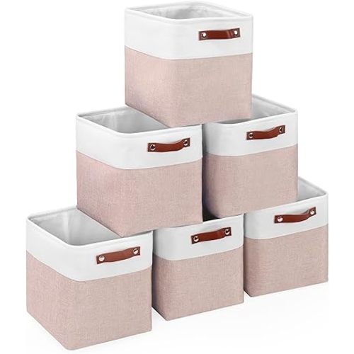 Cube Storage Baskets 6 Pack, 11x11 inch Foldable Cube Storage Bins with Leather Handles for Shelf Closet Nursery Toys (White/ Pink)
