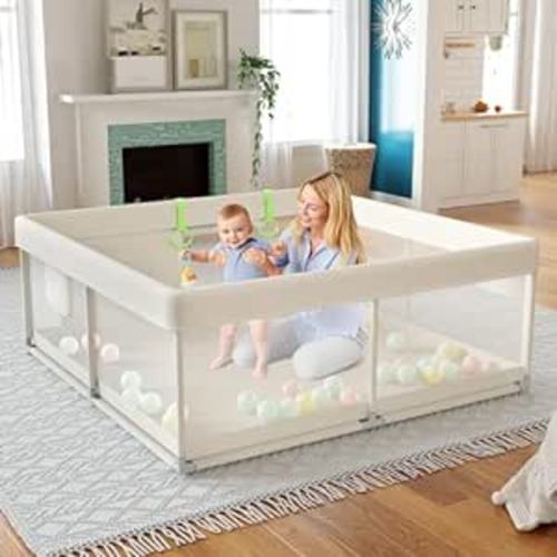 Fodoss Baby Playpen, Upgrade Playpen for Babies and Toddlers, 47x47x26inch Beige Play Pen for Babies with Hand Pulling Ring, Play Pen Center for Kids,Baby Fence,Baby Playards