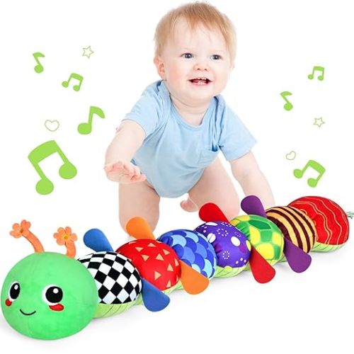 KMUYSL Baby Toys 0 to 12 Months, Musical Stuffed Animal Toys for 0-3-6-12 Months, Soft Sensory Toys with Crinkle and Rattles, Infant Tummy Time Toys Gifts for Newborn Boys Girls - Green Caterpillar