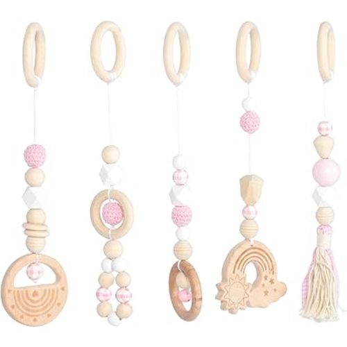 VICASKY 1Set Car Seat Stroller Activity Toy,Baby Sensory Toys Wood Rattle Toys Hanging for Babies 6-12 Months Boys Girls