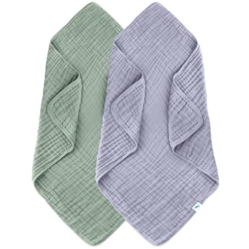 SWEET DOLPHIN Muslin Baby Bath Towels Blanket - 2 Pack 100% Cotton Towel for Babies, Infants, Toddlers - 40x40Inch - Highly Absorbent, Green and Grey