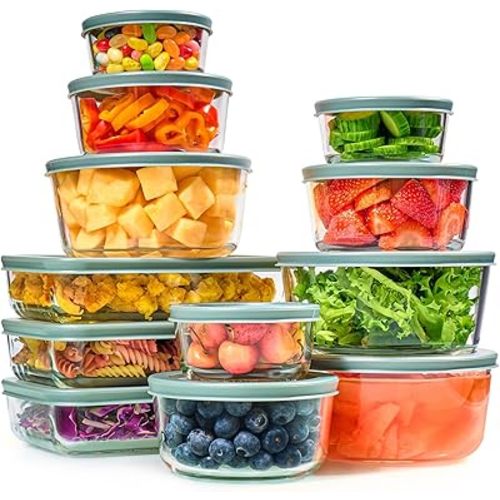 24pc Set Glass Food Storage Containers & Bowls with Airtight Lids - Leakproof BPA-Free Meal Prep Airtight Stackable Lunch Boxes, Kitchen Pantry & Storage Organizers - Microwave Freezer Dishwasher Safe