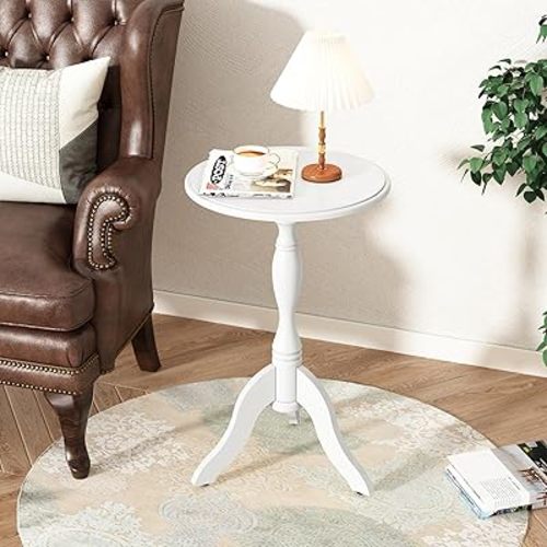 HLR Round Small End Table, Wooden Pedestal Side Coffee Tables, Vintage Accent Nightstand for Living Room, Bedroom, Entryway (1, Solid White)