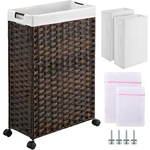 Greenstell Laundry Hamper with Wheels, 11.9 Gallon (45L) Small Clothes Hamper with 2 Removable Liner Bags & 2 Mesh Bags, Slim Rattan Laundry Basket for Bathroom, Bedroom, Brown