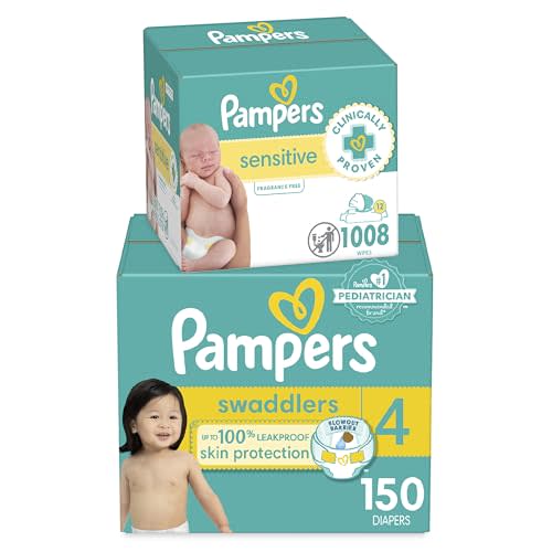 Pampers Swaddlers Disposable Baby Diapers Size 4, 150 Count with Sensitive Water Based Baby Wipes 12 Flip-Top Packs (1008 Wipes Total)