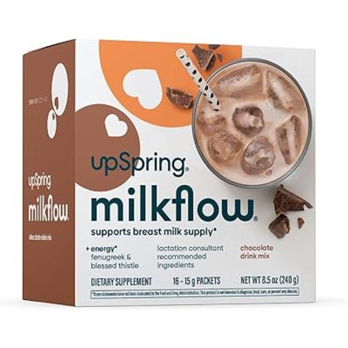 UpSpring Milkflow Energy Breastfeeding Supplement Drink Mix with Fenugreek, Chocolate Flavor, Lactation Supplement to Support Breast Milk Supply and B Vitamins, 16 Drink Mixes