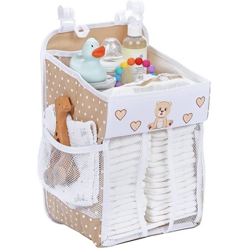 Hanging Diaper Caddy - Baby Shower Gifts Diaper Organizer for Changing Table - Hold 50+ Diapers - Nursery Baby Essentials for Newborn - Teddy Design - 17x9x9 inches