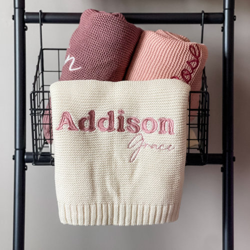 Embroidered Name Knit Blanket, Knitted Baby Name Blanket, Baby Name Blanket, Personalized Name, Name Blanket for Girl, Pink Baby Blanket