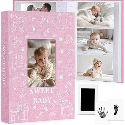 Baby Photo Album 4x6 300 Pockets with Memo Area & Hand and Footprint Kit, Linen Cover Slip-in Memory Book with Front Window, Acid-Free Keepsake for Newborn Boy Girl, First Year Moments