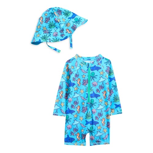 One-Piece Romper Swimsuit & Bucket Hat Set, 6M