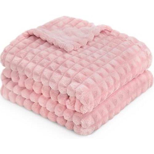 HOMRITAR Baby Blanket for Girls Super Soft Fuzzy Cozy Warm Toddler Blanket with 3D Jacquard Square Grid Design, Lightweight Flannel Bed Blanket for All Seasons Pink 30 x 40 Inch