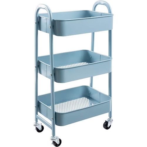 AGTEK Makeup Cart, Movable Rolling Organizer Cart, Grey-Blue 3 Tier Metal Utility Cart
