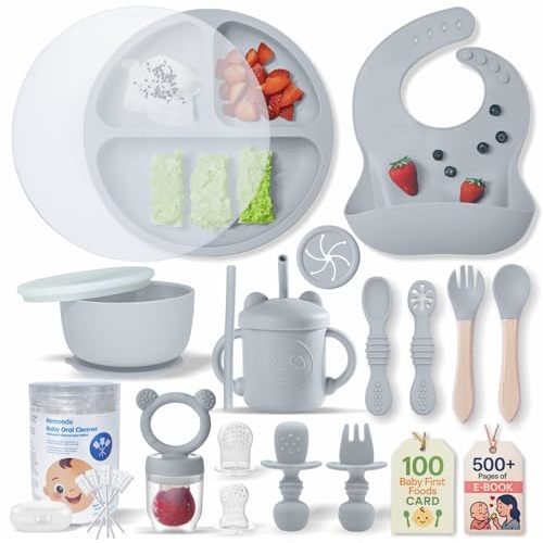 Remonda 23-Piece BPA-Free Silicone Baby Feeding Set | Extra Large Suction Plates, Toddler Bowls, Self Feeding Spoons, and More | Dishwasher Safe| Baby Led Weaning Supplies (Grey) AA