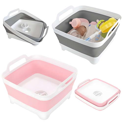 KEMEINILI Collapsible Wash Basin for Baby Bottles - 2 Pack 2.4 Gallons Portable Wash Bin for RV Camping Sink, Space-Saving Dish Tub (Gray+pink)
