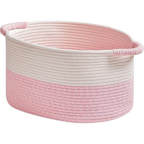 Storage Baskets for Organizing | 15"x10.2"x9.1" - 1 Pack Nursery Bin with Handles - Woven Cotton Rope Baskets for Dog Toys, Books, Shelf, Bathroom,Closet -Pink Basket for Girls