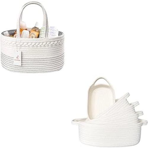 luxury little Diaper Caddy Organizer, Cotton Rope Nursery Basket, Portable Car Organizer with Removable Divider, Baby Shower Gifts, White and 5-Piece Rectangle Storage Baskets, Bin-White