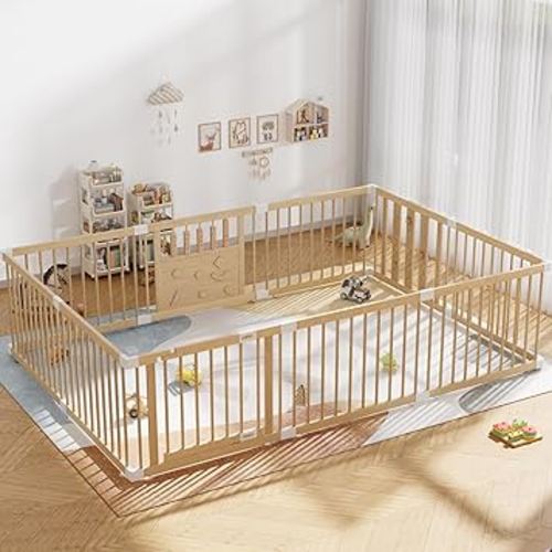 Wooden Baby Playpen with Child Safety Lock, Extra Large Playpen for Babies and Toddlers, Indoor Play Pen for Kids Activity Center, Portable Natural Wood Fence, Expandable, Suction Cups, 10 Panels