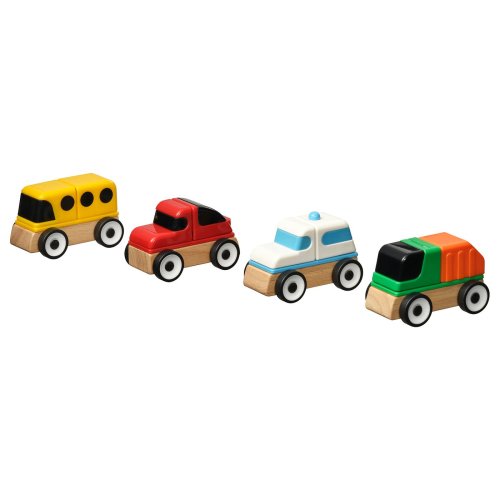 LILLABO 4-piece vehicle set - sports car/school bus recycling truck/police car/multicolor