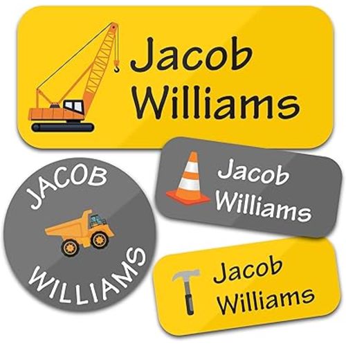 Personalized Daycare Name Labels (130 Labels) - Custom Waterproof Name Stickers for Clothing Tags, Water Bottles, Lunch Boxes and School Supplies (Construction)