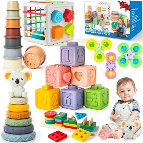 Juguetes para bebés de 6 en 1 de 6 a 12 meses, juguetes Montessori para bebés de 6-12-18 meses, anillos de apilado de bloques de juguetes para dentición de bebés, contenedor sensorial de clasificación