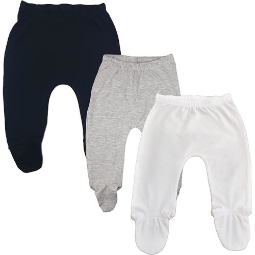 Baby Soft Cotton Spandex Pants with Feet - 0-3 Months - Blkgrywht 3-pack