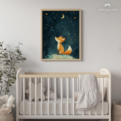 stargazing fox wall art, sleepy fox print, kids room décor, good night wall art, howling at the moon, fox nursery print, starry night fox