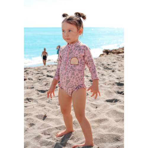 Brown Hibiscus Long sleeve Little Surfer Girl logo swimsuit