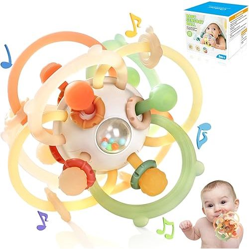 Orzbow Baby Sensory Teething Teether Toys, Infant Montessori Toys, Silicone Baby Rattle Balls Toys, Baby Chew Toys for 3-6-12-18 Months Sucking Needs, Teethers Relief, BPA Free, Brown