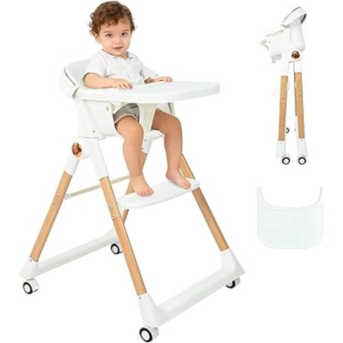 Baby High Chair for Toddler, Foldable High Chair for Dining Table Highchair with 5 Point Harness Seat Removable Adjustable Tray Portable Baby Dinning Chair with Lockable Wheels Easy to Clean Surface