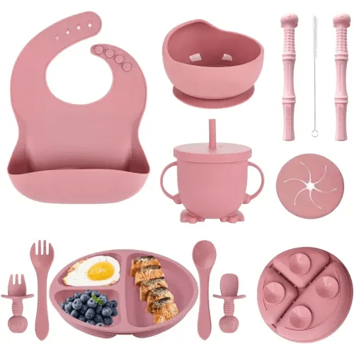 Baby Led Weaning Supplies - 12Pcs Silicone Baby Feeding Set - Suction Toddler Plates and Bowls set, Bib, Cup, Spoons, Forks, Teething Tubes, Baby Feeding essentials for 6+ Months (Dark Pink)