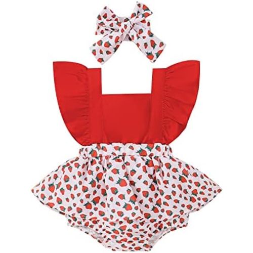 2Pcs Baby Girl Summer Outfit Square Neck Strawberry Flying Sleeve One Piece Romper Dress + Headband