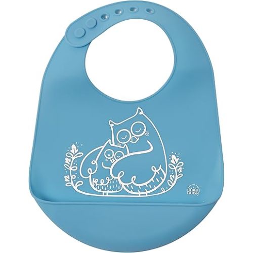modern-twist Bucket-Bib 100% Food-Grade Silicone, Waterproof and Reusable, Owls – Electric Blue