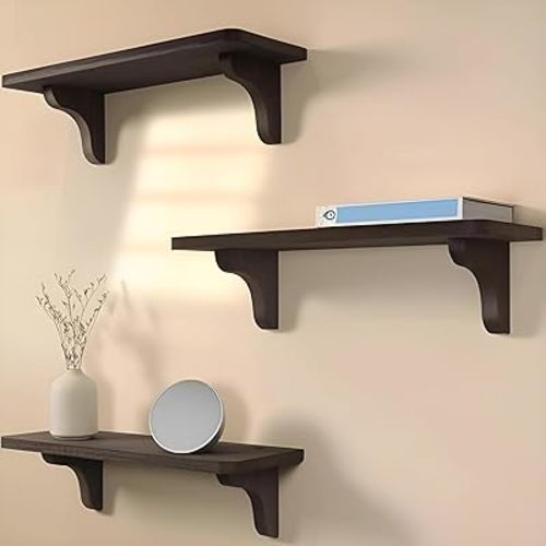 Real Wood Dark Brown Shelf for Wall - 17 inch (3 Pack) - Easy to Install, Template and Video Included - Brown Wall Shelves, Dark Wood Shelves