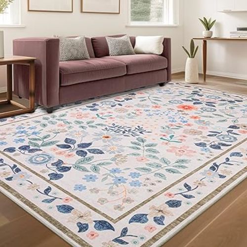 YIHOUSE Floral Pink 6x9 Washable Living Room Area Rug, Non Slip Boho Soft Bedroom Rug, Ultra Thin Large Colorful Flower Carpet for Nursery Kids Room Playroom Girls Room Pink,6'x9'