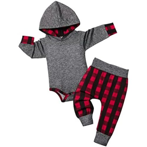 Fommy Newborn Baby Boy Clothes Plaid Letter Print Long Sleeve Hoodies + Long Pants 2PCS Fall Winter Outfits Set