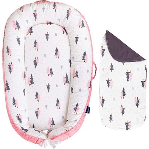 Baby Lounger - Infant & Newborn Lounger with 2-Inch Mattress Pad, Soft Baby Lounger Cover, Waterproof Urine Liner & Waterproof Pad Cover - BL07 Cotton Pink Forest Pines