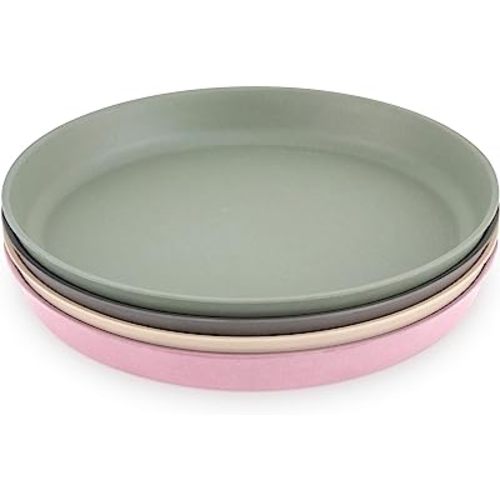 WeeSprout Bamboo Plates, Set of 4, Kid-Sized Dinnerware, Dishwasher Safe Melamine Dishware (Pink, Green, Gray, & Beige, Without Lids)