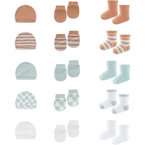 BABYSOLIS 15 Pack Infant Hats Gloves Socks Unisex Baby Boy Girl Accessories Set Cotton New Born Caps Mittens