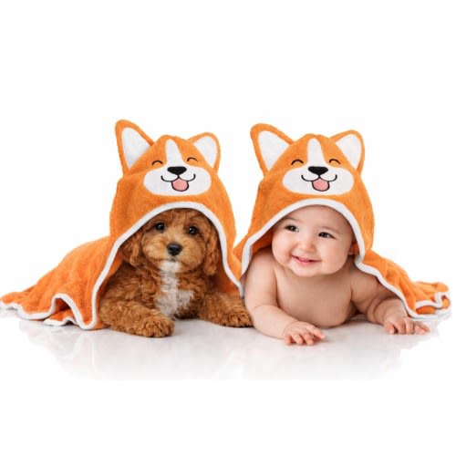 Corgi Dog Hooded Towel | All Ages | Pets & Humans | Organic Fabric | Orange | FREE Washcloth