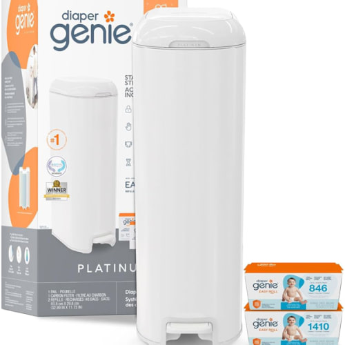 Diaper Genie Platinum Diaper Pail Gift Set | Hands-Free Odor Control with Foot Pedal | Stainless Steel Baby Diaper Pail | Includes 2 Easy Roll Refills 48 Bags Total | Baby Registry Must-Have