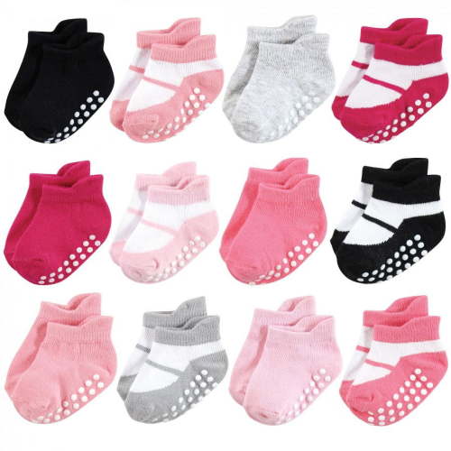 Hudson Baby Infant Girl Non-Skid No-Show Socks, Pink Black, 12-24 Months