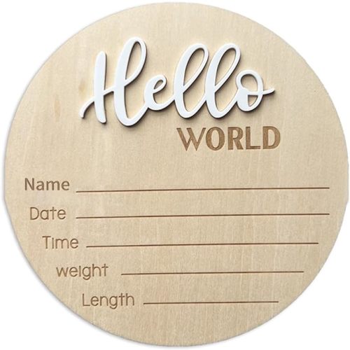 Baby Announcement Sign, 5.9 Inch Wooden Hello World Newborn Sign Birth Announcement Signs, Hello World Nursery Decor Sign & Photo Prop for Baby, Newborn Boys and Girls Gift(White)