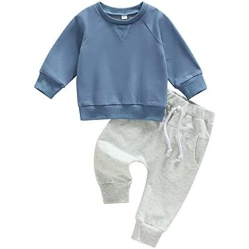 Toddler Baby Boy Clothes Solid Color Long Sleeve Crewneck Sweatshirt Top Casual Pants Set 2Pcs Fall Winter Outfits