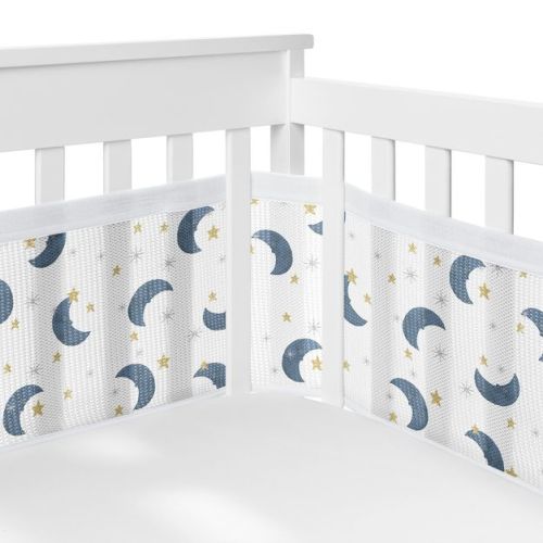 Sweet Jojo Designs + Breathablebaby Boy, Girl, Unisex/gender Neutral Breathable Mesh Crib Liner Pad Moon Stars Bear Collection Blue Gold And White