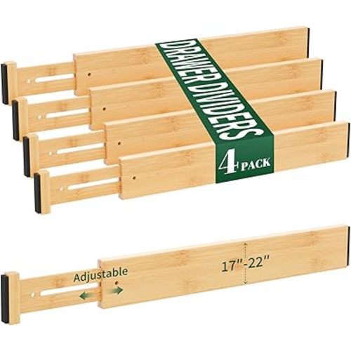 4 Pack Bamboo Drawer Dividers 2.6" High,17-22" Adjustable Spring Loaded Clothes Drawer Organizers for Kitchen, Dresser, Bathroom, Bedroom and Office