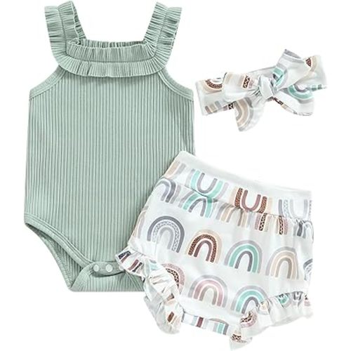 Easisim 3pcs Newborn Baby Girls Shorts Sets Cotton Sleeveless Romper Jumpsuit Bodysuit + Shorts + Headband Outfit Set