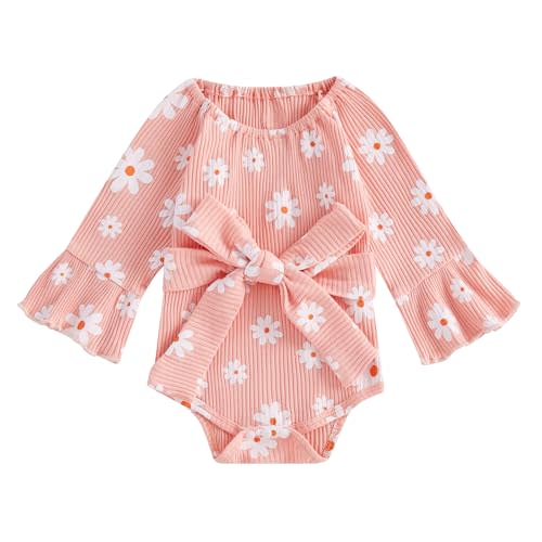 BHGHB Infant Baby Girls Fall Outfits Ribbed Romper Dress Floral Print Long Bell Sleeve Bow Newborn Girl Winter Clothes