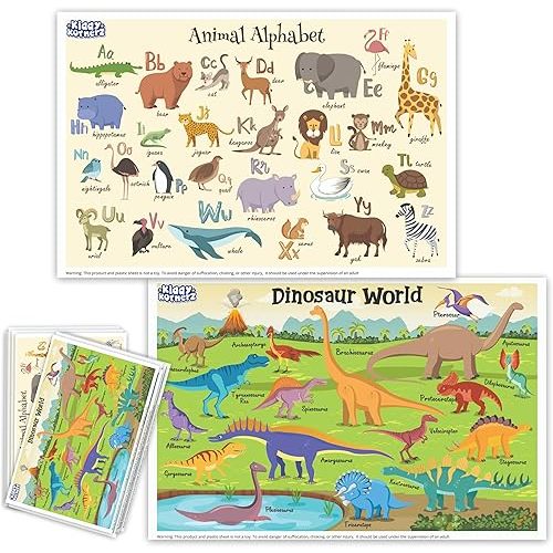 40 Pack Waterproof Disposable Placemats for Baby, Place mats for Kids, Toddler - Kids Placemats for Dining Table Tyke, Restaurants, and Travel (Dinosaur and Animal Alphabet Theme)
