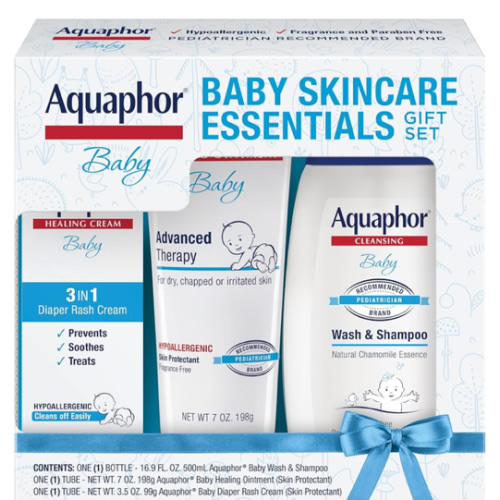 Aquaphor Baby Skin Care Essentials Gift Set with Baby Wash and Shampoo (16.9 Fl Oz) + Healing Ointment for Chapped Skin and Drool Rash (7Oz) + Diaper Rash Cream (3.5Oz), Hypoallergenic
