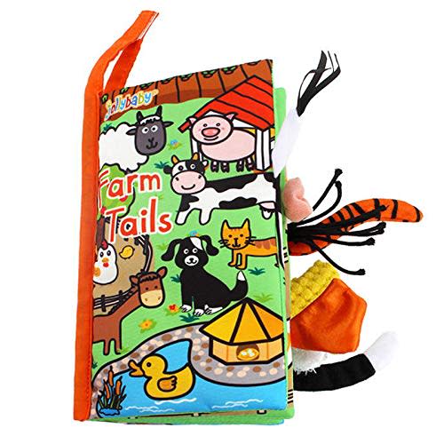 Zocita Baby Soft Animal Tails Activity Cloth Book with Crinkle Fabric, Farm Tails